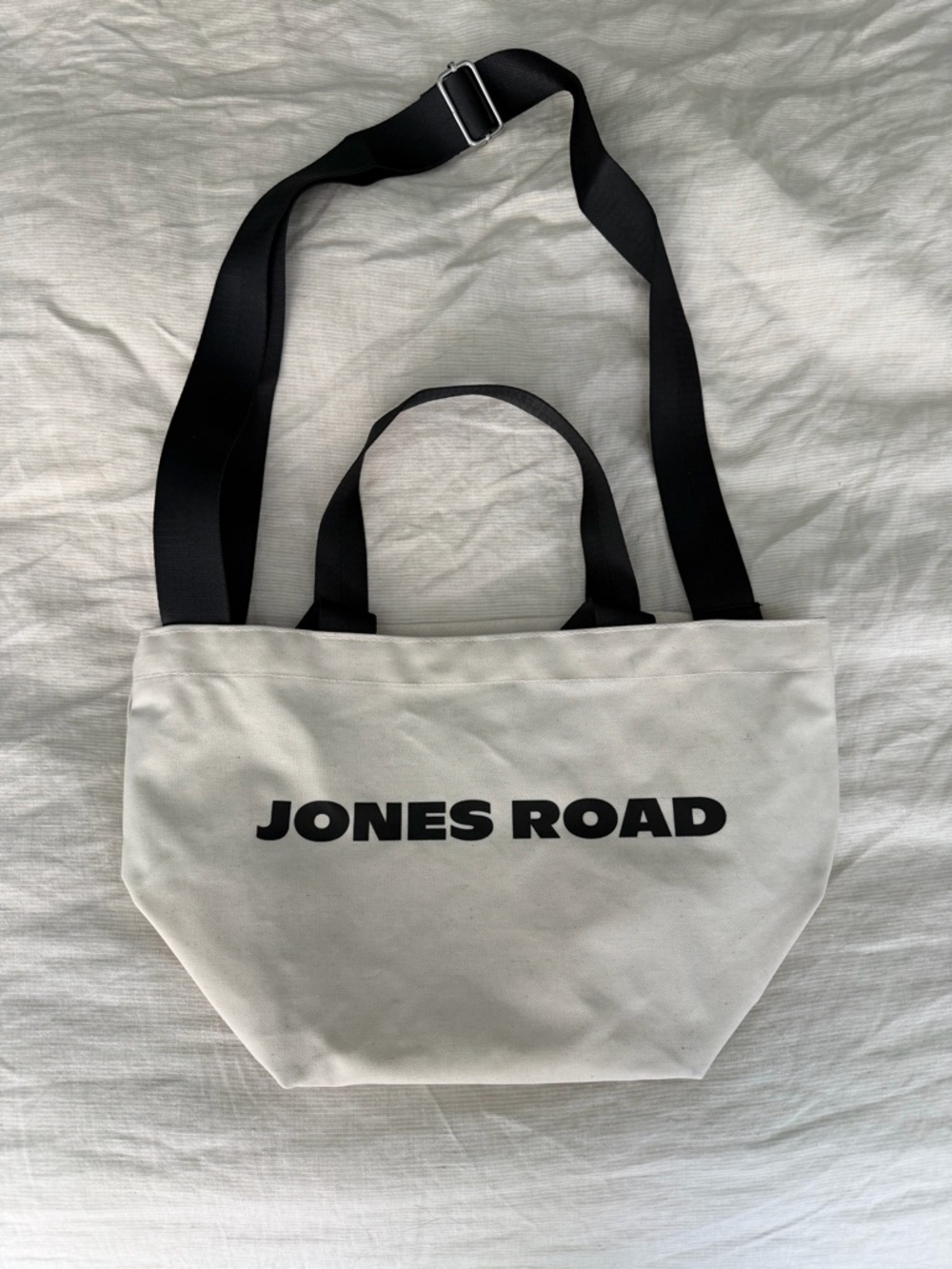 Jones Road White Canvas Tote with Black Straps
